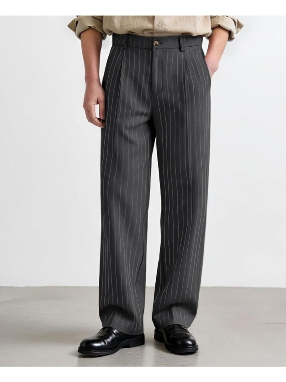 Stylish Men's Pinstripe Wide Leg Baggy Dress Pants | Pleated Loose Fit Trousers - Picture 3 of 7